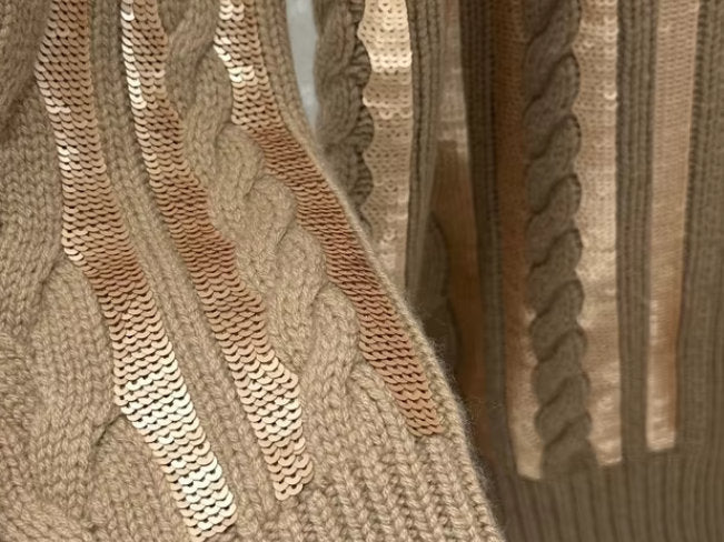 Tan sequin-embellished cashmere knit cardigan featuring a stylish cable-knit design