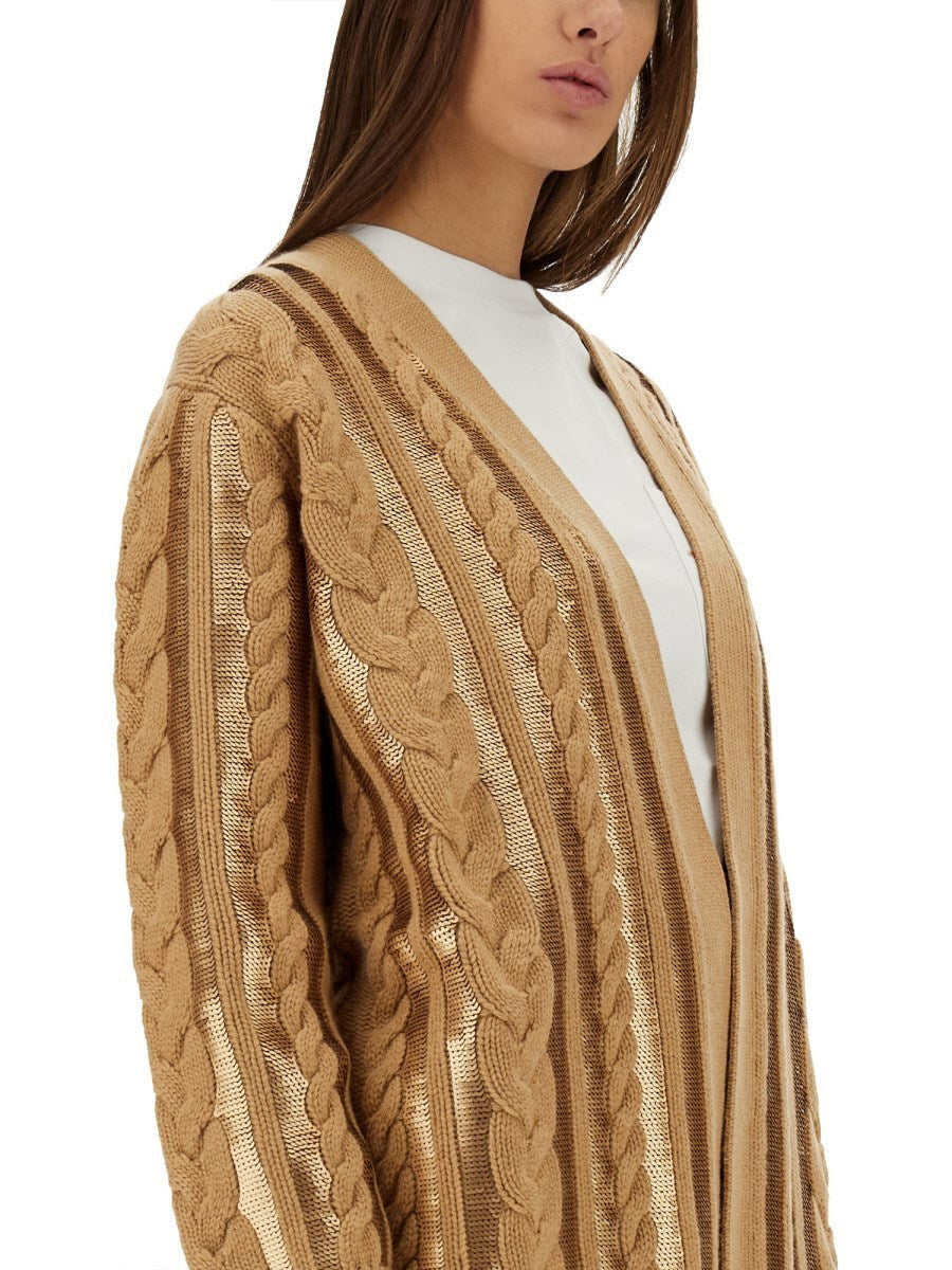 Tan sequin-embellished cashmere knit cardigan, stylish and cozy for any occasion
