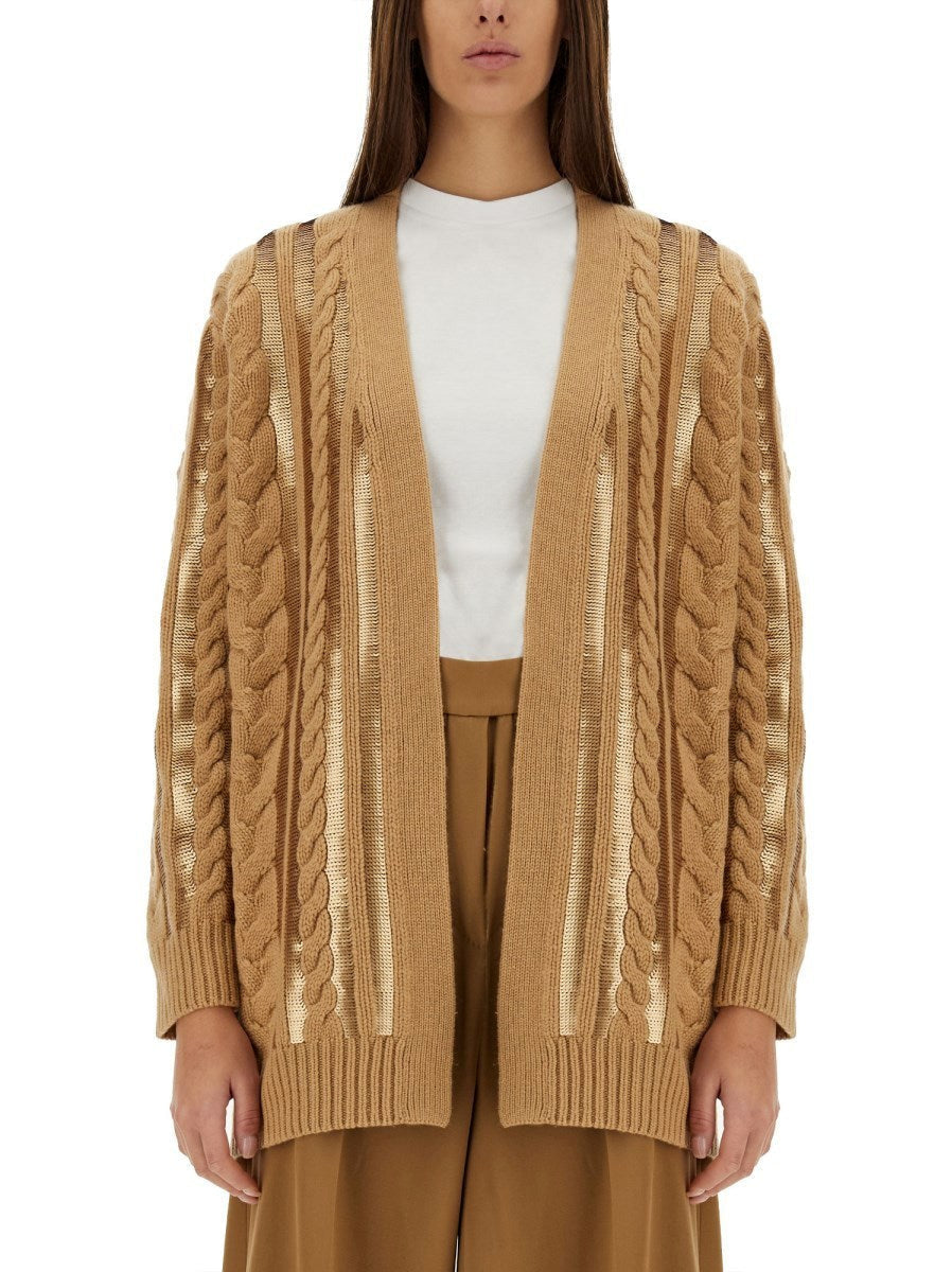 Tan sequin-embellished cashmere knit cardigan showcasing elegant cable-knit design