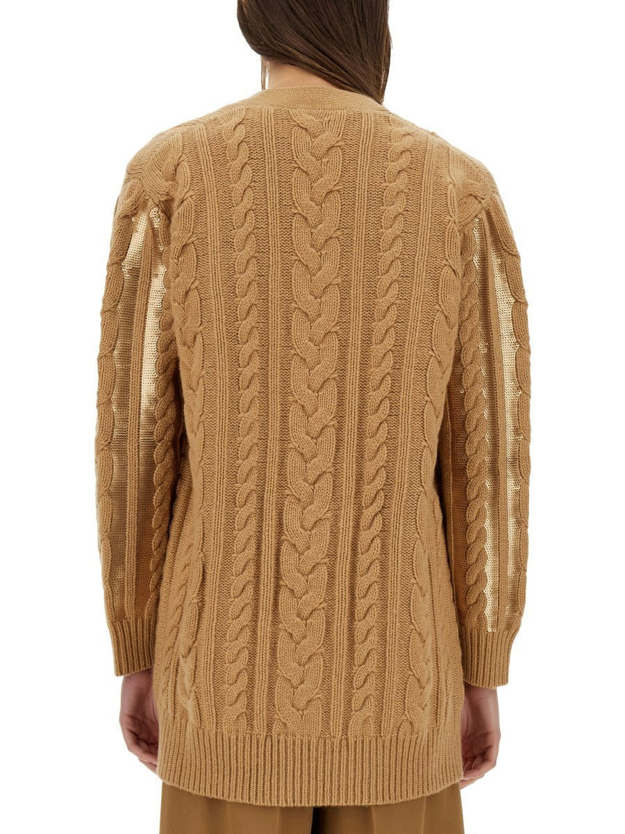 Brown sequin-embellished cashmere knit cardigan showcasing cozy style and luxury