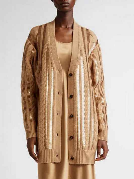 Tan sequin-embellished cashmere knit cardigan showcasing a stylish cable-knit design