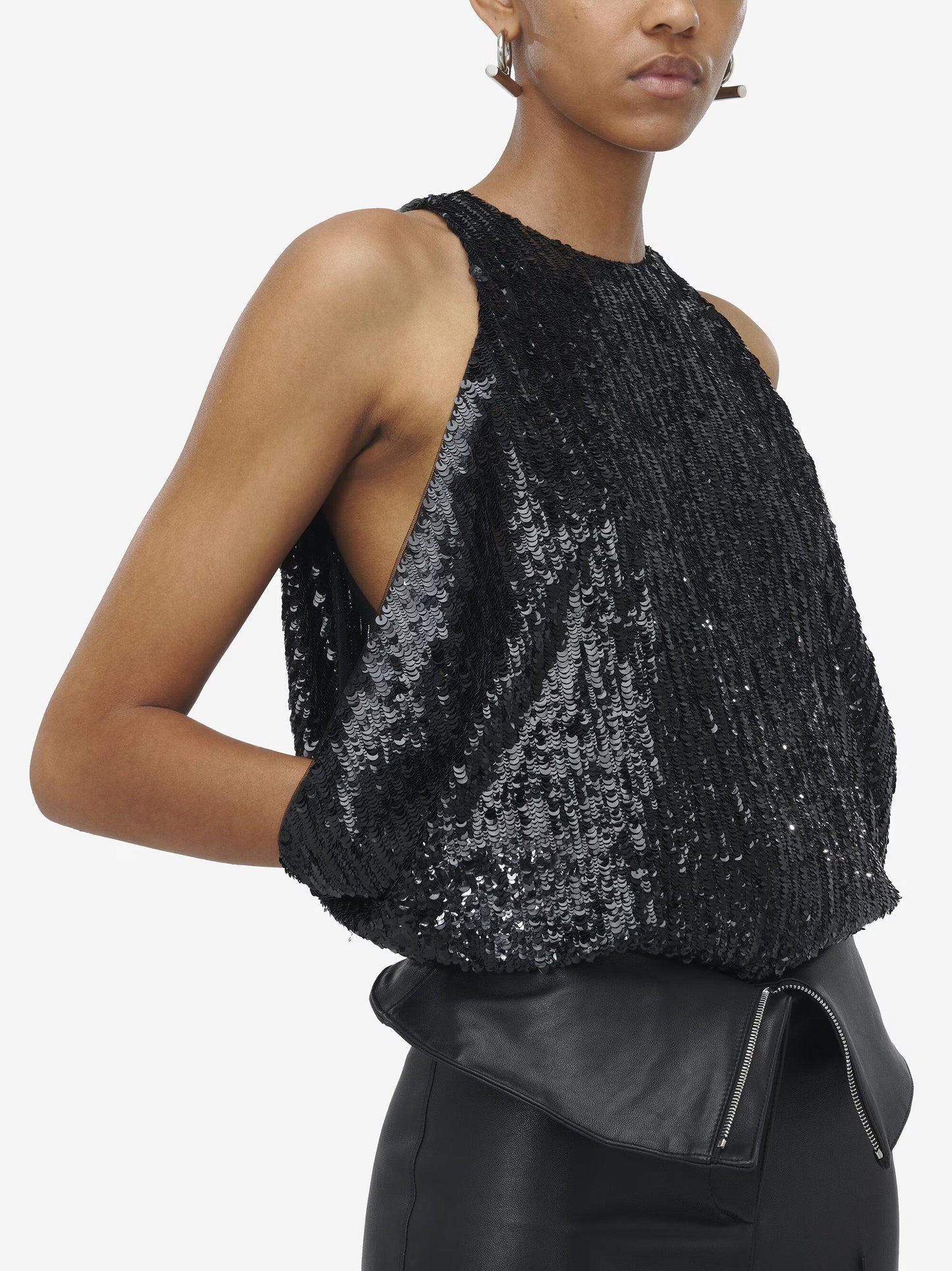 Sequin Embellished Draped Sleeveless Top - Tops
