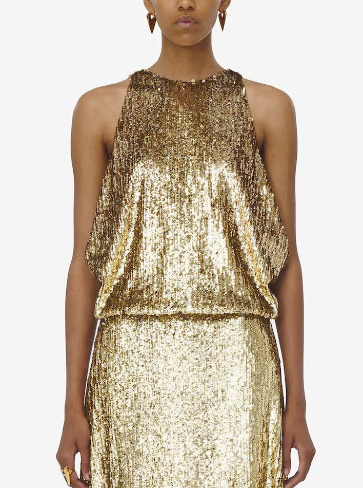 Sequin Embellished Draped Sleeveless Top - Tops