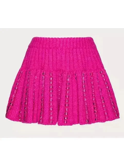 Sequin Embellished Knit Mini Skirt in Fuchsia Pink - Skirts