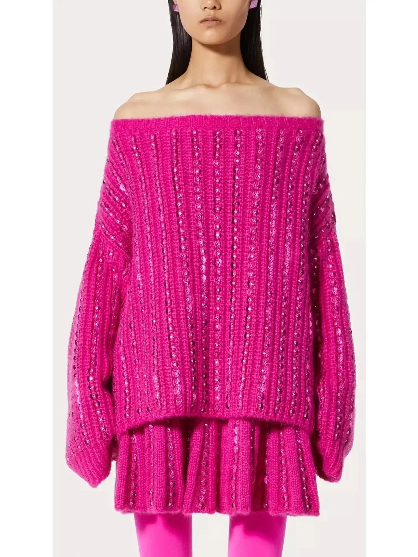 Sequin Embellished Knit Mini Skirt in Fuchsia Pink - Skirts