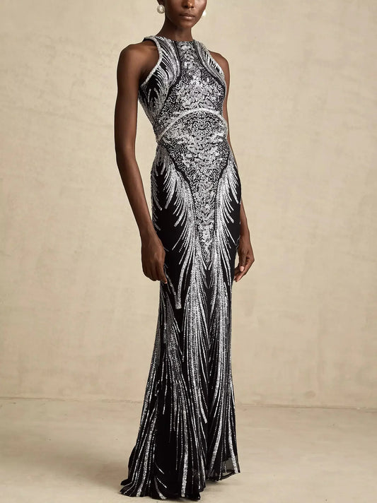 Sequin-Embellished Long Black Sleeveless Voile Gown - Dresses