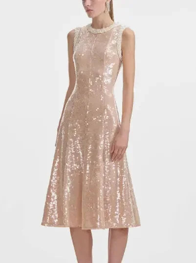 Sequin-Embellished Pearl-Trim Midi Dress - Dresses