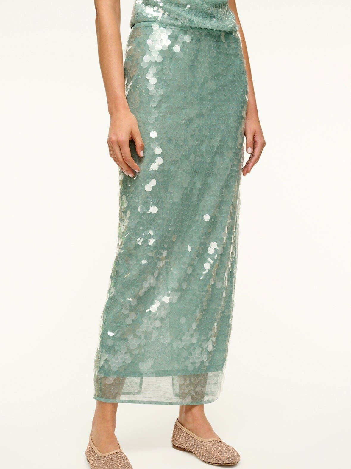Sequin-Embellished Pencil Skirt in Turquoise Green - Skirts