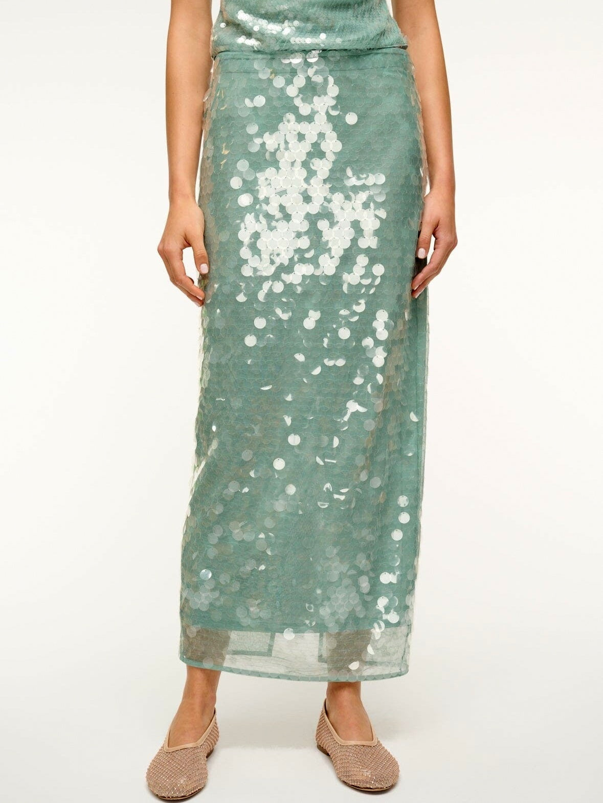 Sequin-Embellished Pencil Skirt in Turquoise Green - Skirts