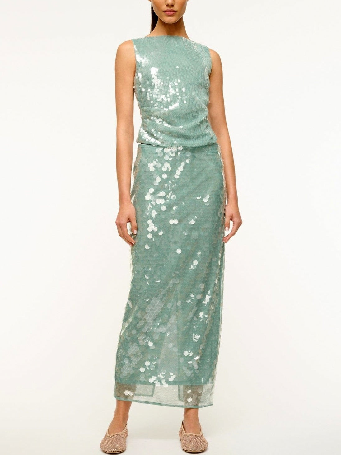 Sequin-Embellished Pencil Skirt in Turquoise Green - Skirts