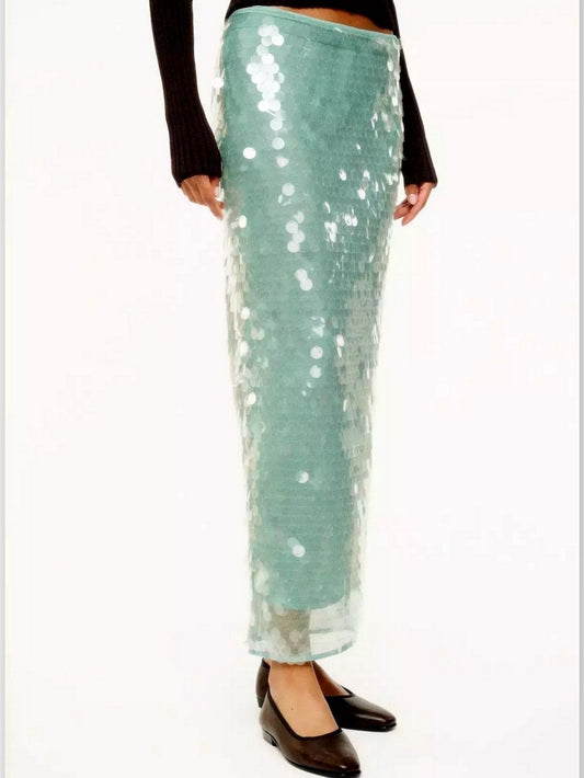 Sequin-Embellished Pencil Skirt in Turquoise Green - Skirts