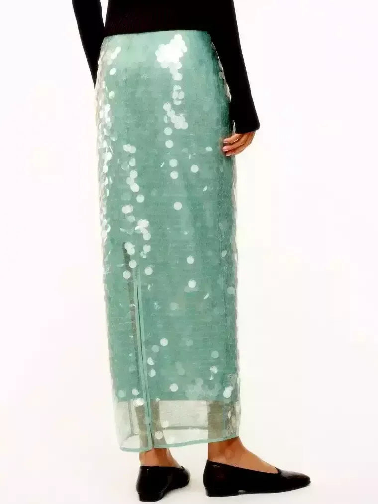 Sequin-Embellished Pencil Skirt in Turquoise Green - Skirts