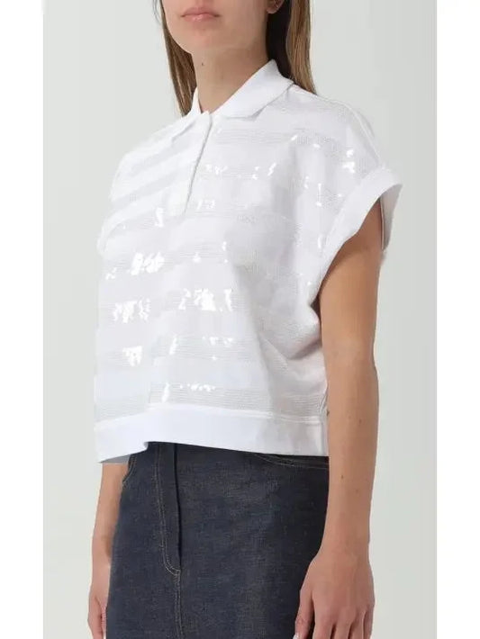 Sequin-Embellished Polo Top in White - Tops