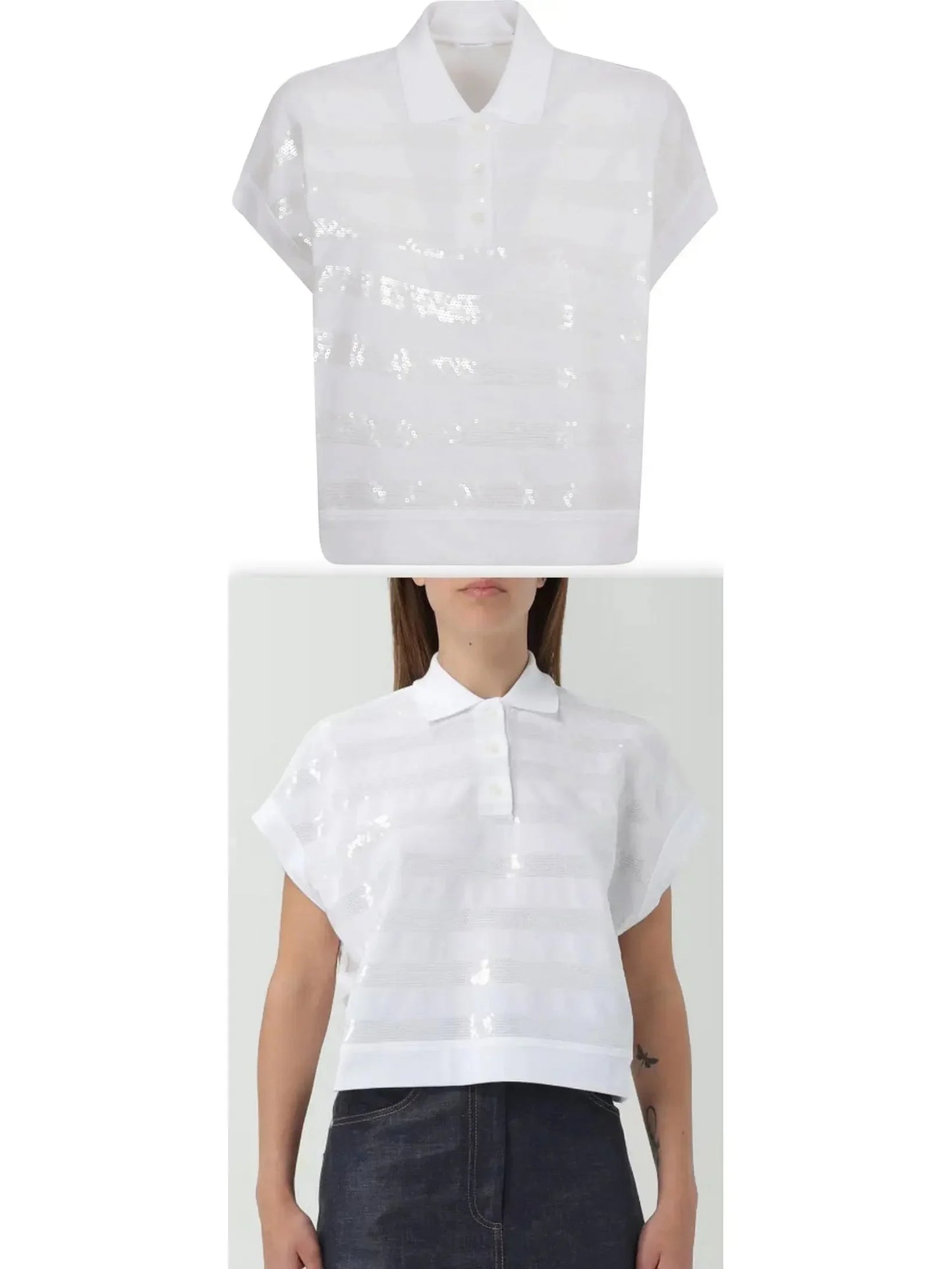 Sequin-Embellished Polo Top in White - Tops
