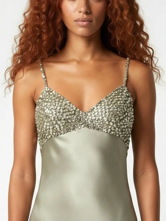 Sequin-Embellished Satin Slip Gown - Dresses