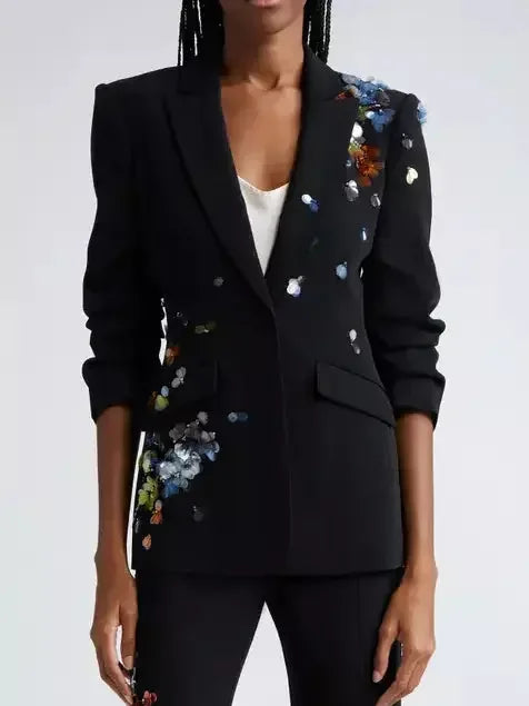 Sequin-Embellished Scrunched Black Blazer - Jackets