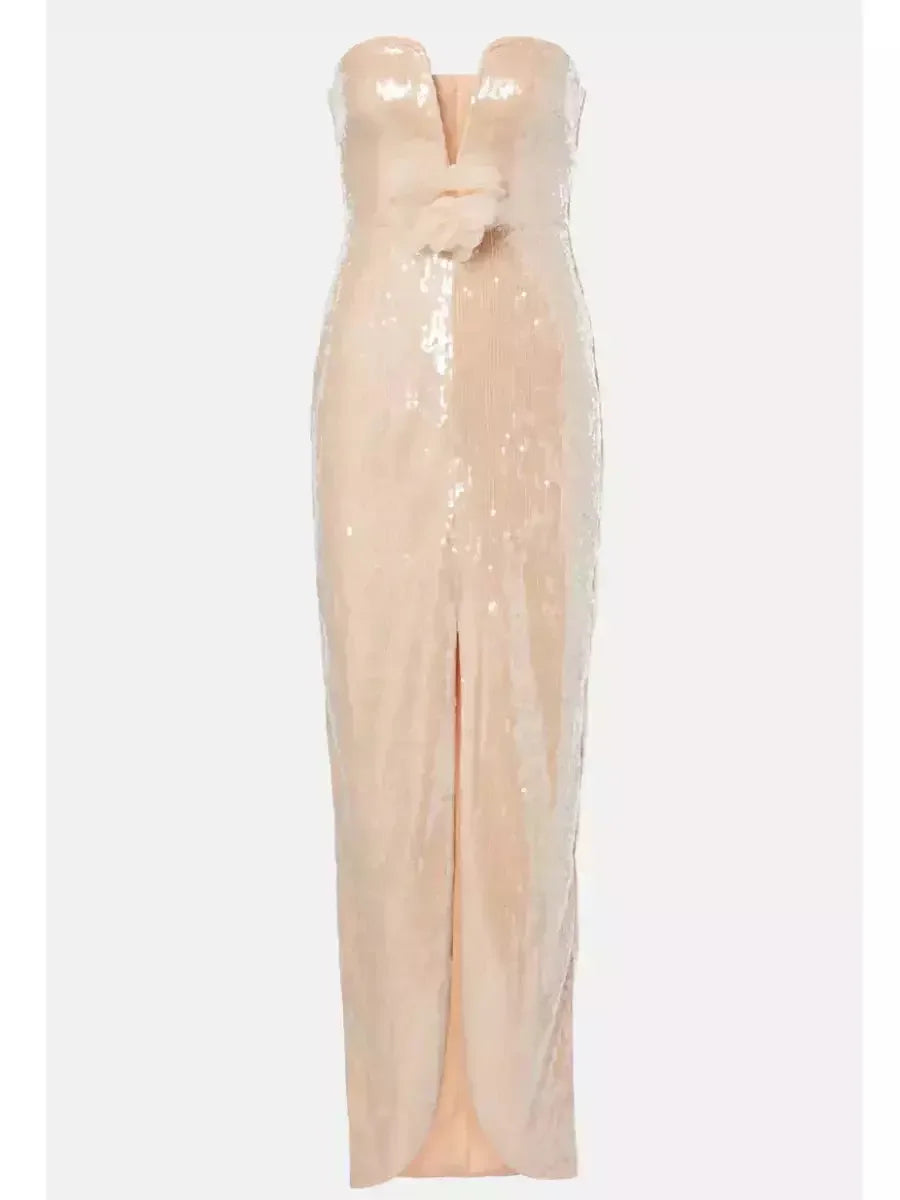 Sequin-Embellished Strapless Gown with Flower Applique - Dresses