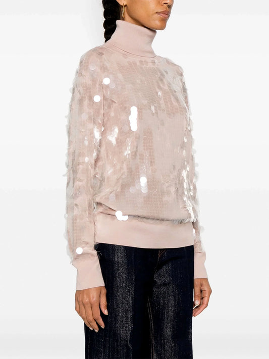 Sequin-Embellished Wool Turtleneck Sweater in Pink - Sweaters & Knitwear