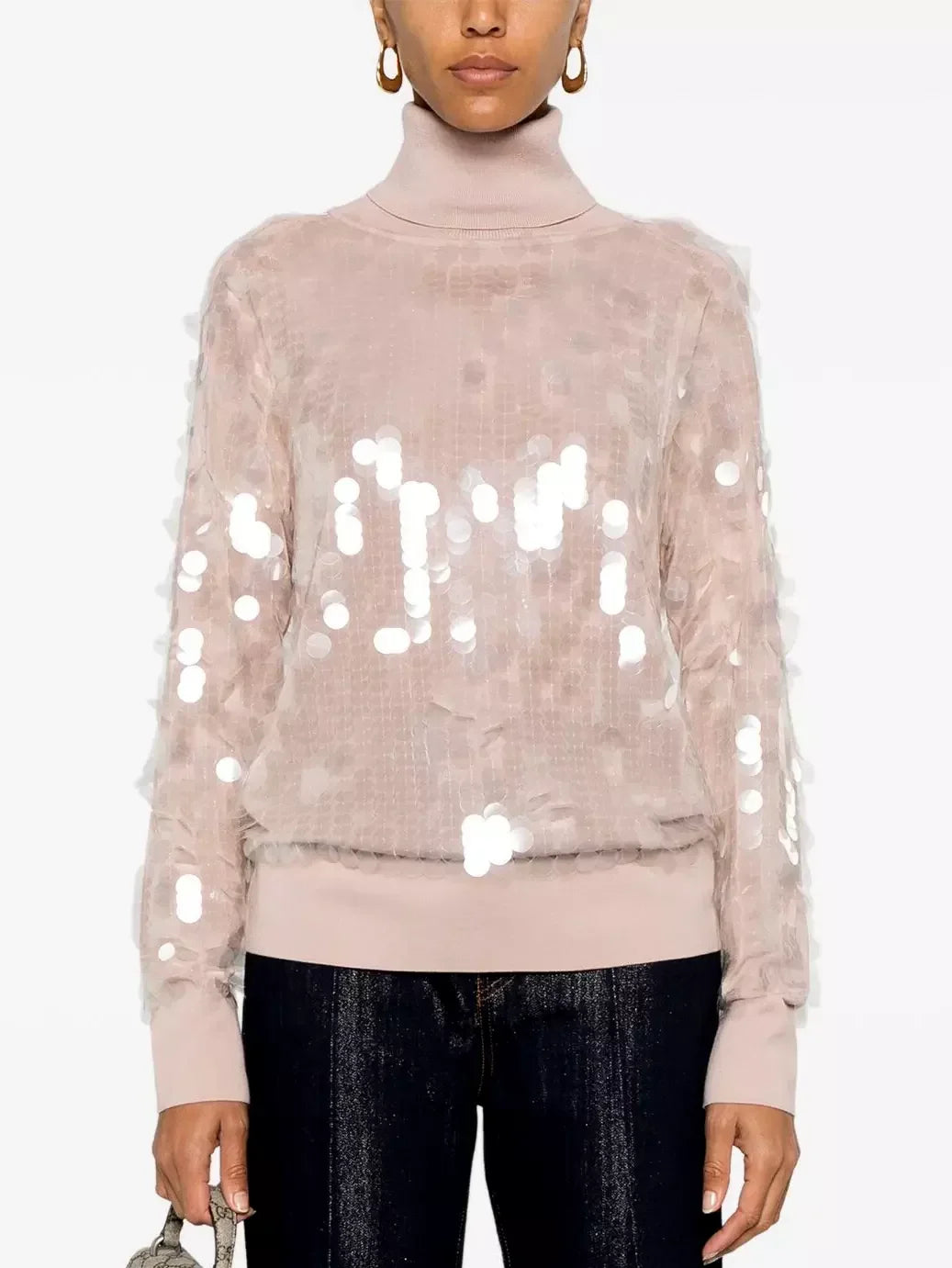 Sequin-Embellished Wool Turtleneck Sweater in Pink - Sweaters & Knitwear