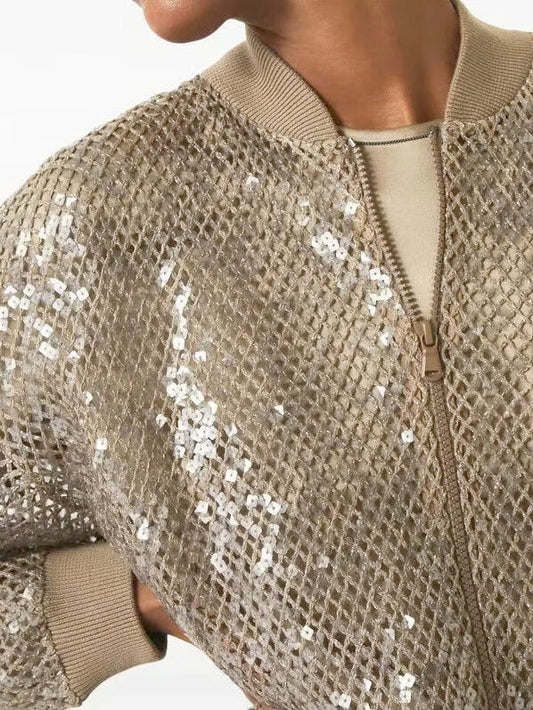 Sequin Embroidered Net Knit Zip Beige Jacket - Jackets