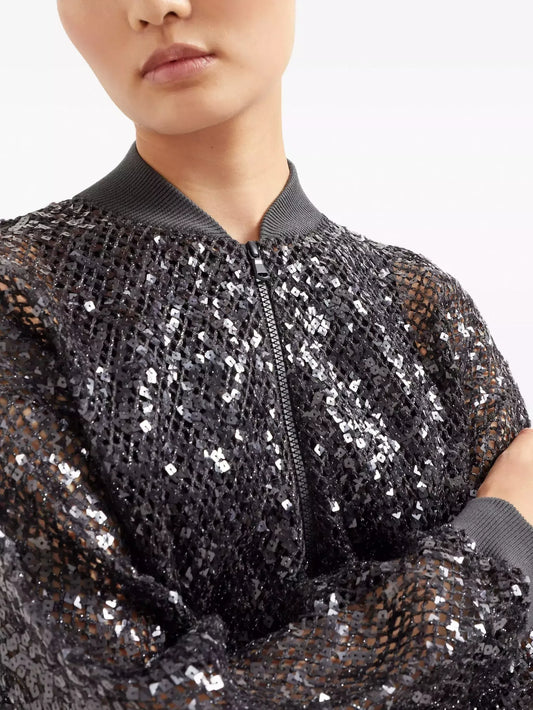 Sequin Embroidered Net Knit Zip Black Jacket - Jackets