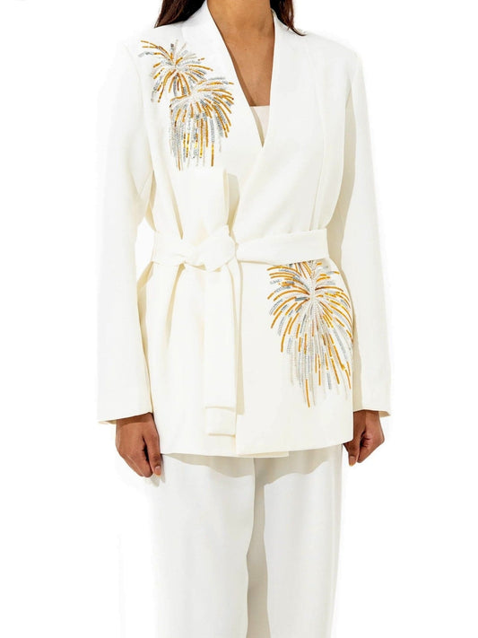 Sequin Embroidered White Blazer and Pant Suit - Suits & Sets