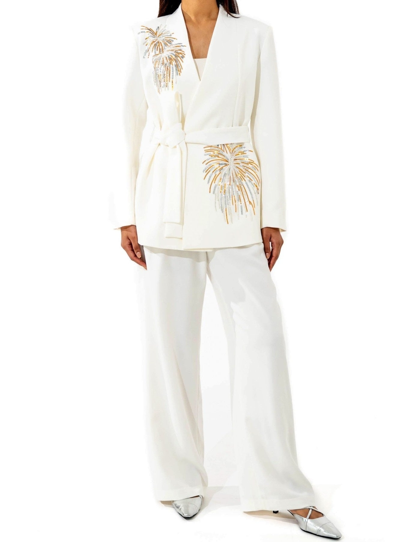Sequin Embroidered White Blazer and Pant Suit - Suits & Sets