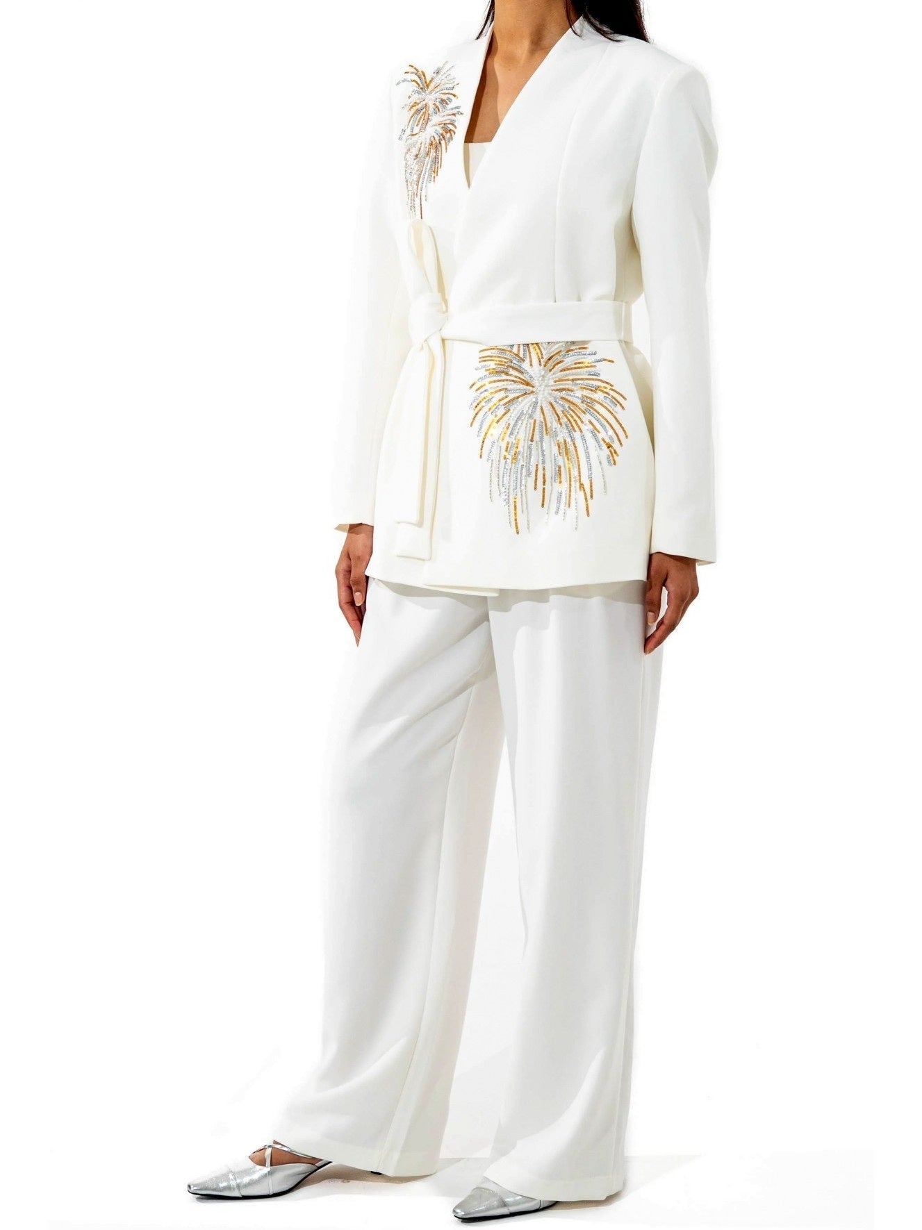 Sequin Embroidered White Blazer and Pant Suit - Suits & Sets