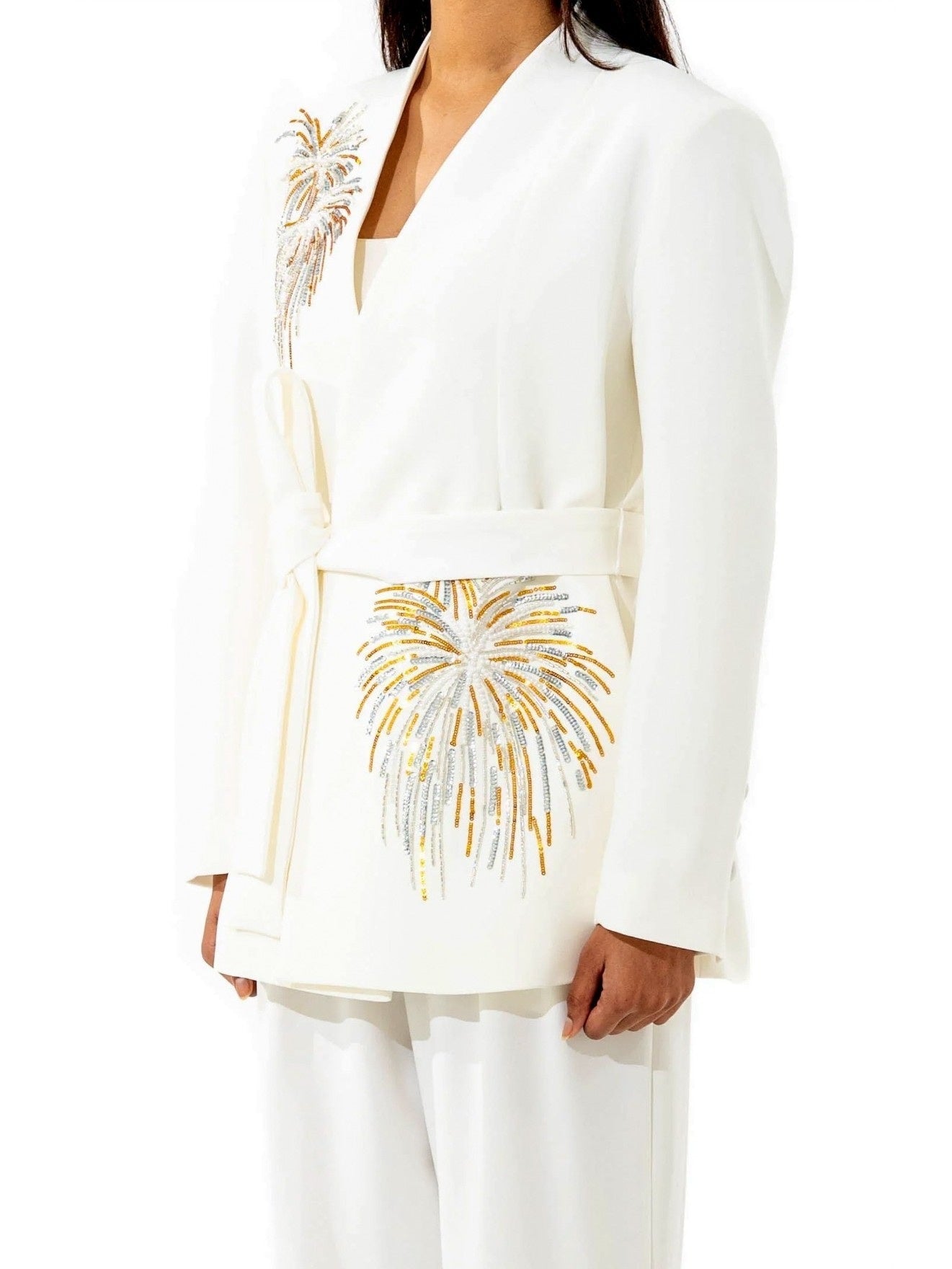 Sequin Embroidered White Blazer and Pant Suit - Suits & Sets