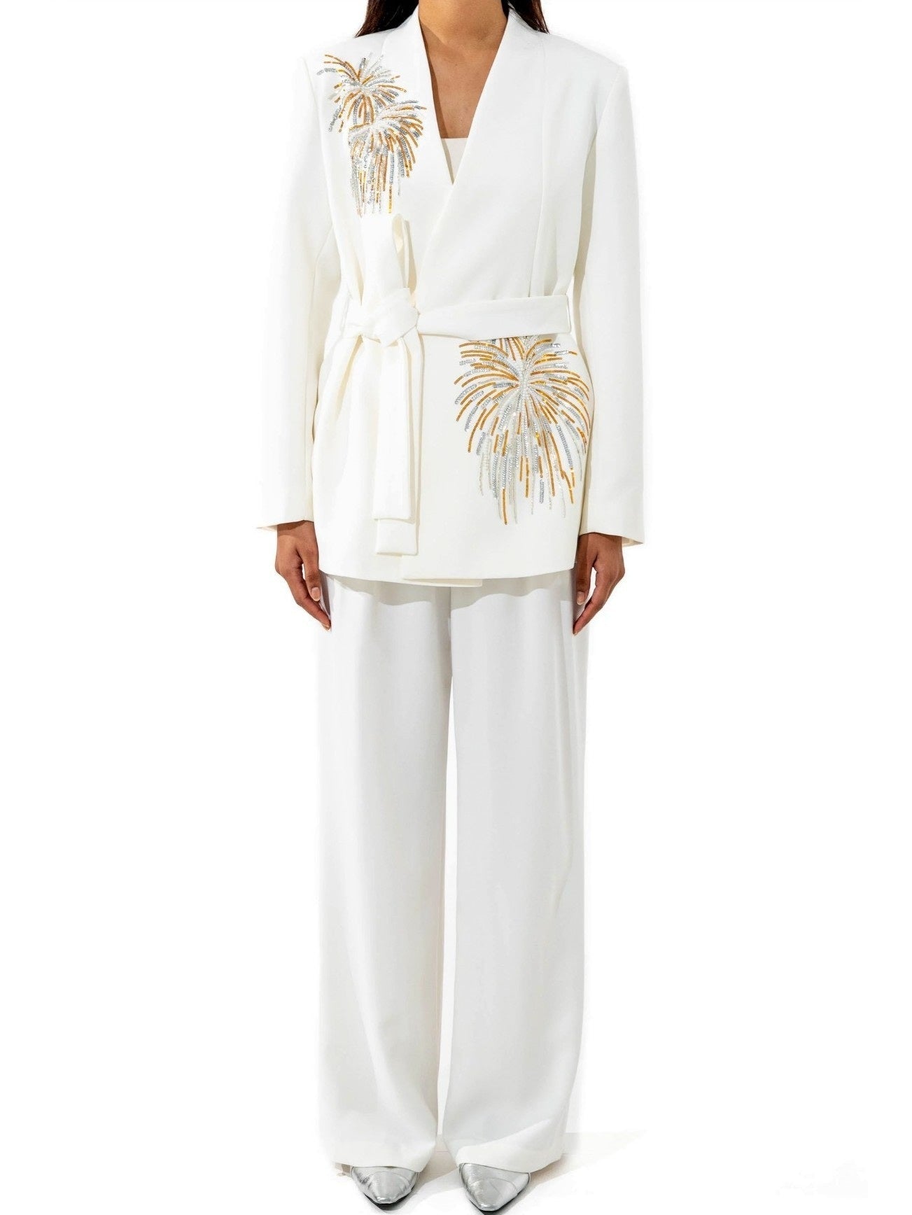 Sequin Embroidered White Blazer and Pant Suit - S / White - Suits & Sets
