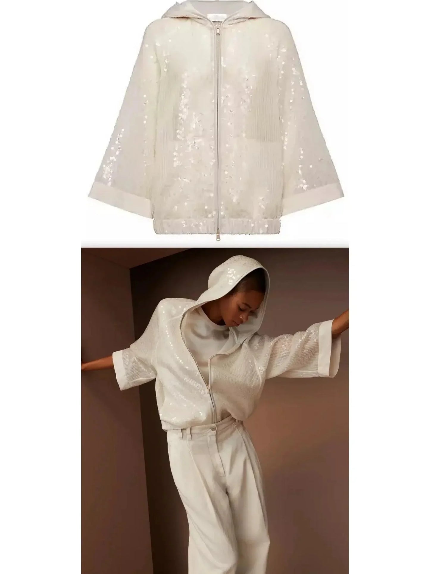 Sequin Embroidery Hooded Outerwear Jacket in Crispy Silk - Jackets