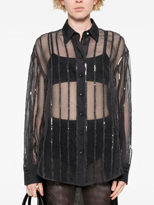 Black sheer button-down shirt from the sequin-stripe silk-blend semi-sheer blouse