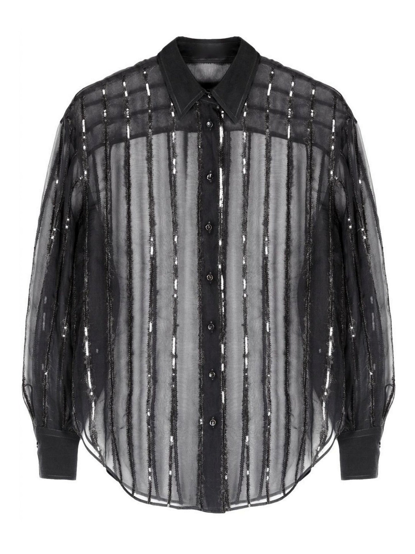Black sheer striped button-down shirt in Sequin-Stripe Silk-Blend Semi-Sheer Blouse