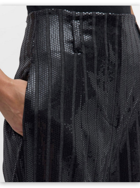 Black sequined striped wide-leg pants for stylish, shimmering outfits