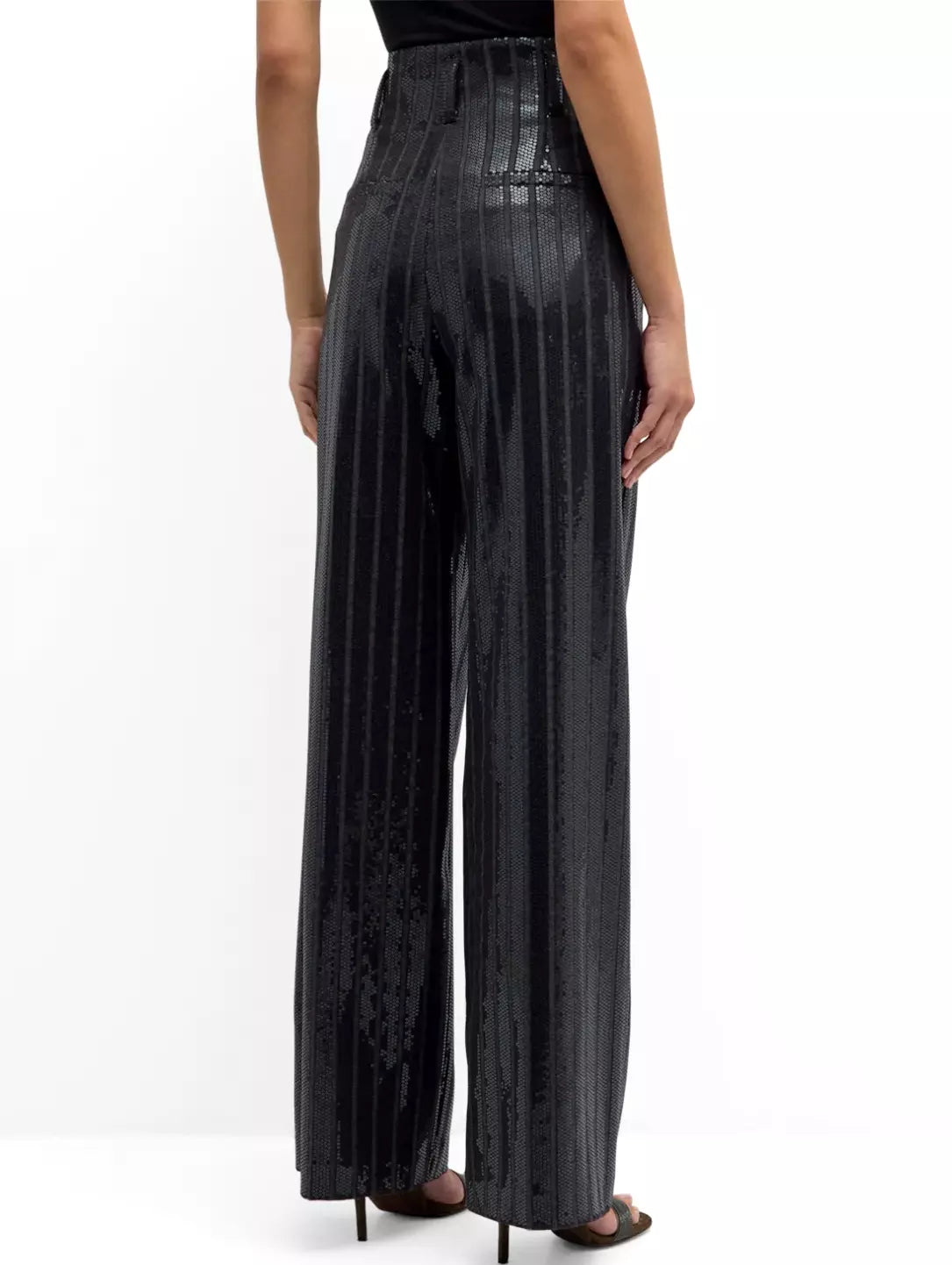 High-waisted black sequin-stripe wide-leg pants for stylish casual wear