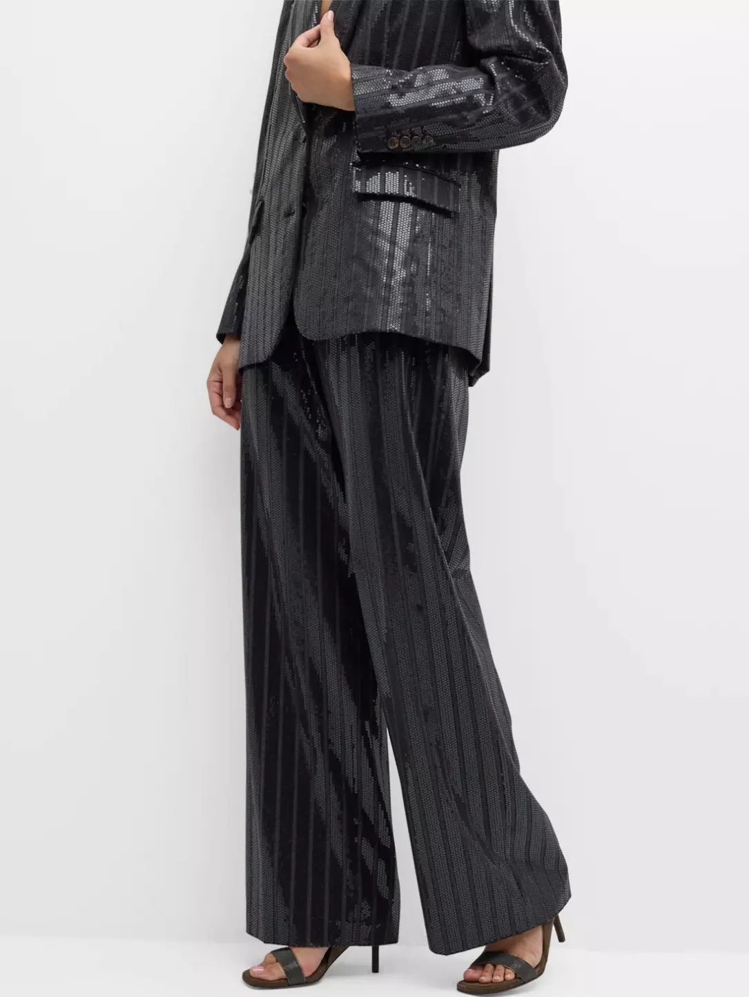 Black sequined striped wide-leg pants for stylish evening wear