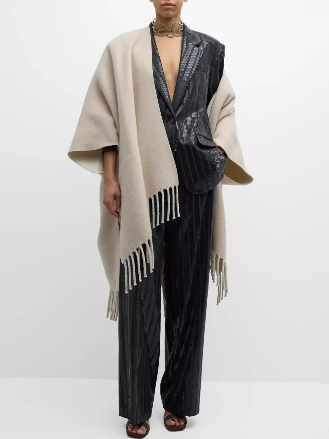 Black sequined striped pants from the Sequin-Stripe Wide-Leg Pants collection