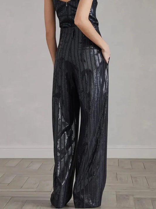 Sequin-Striped High-Waist Wide-Leg Pants - Jeans & Pants
