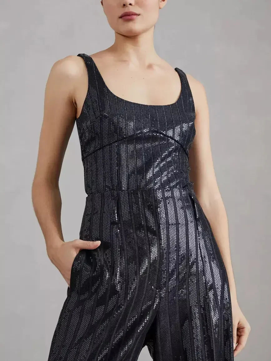 Sequin-Striped High-Waist Wide-Leg Pants - Jeans & Pants