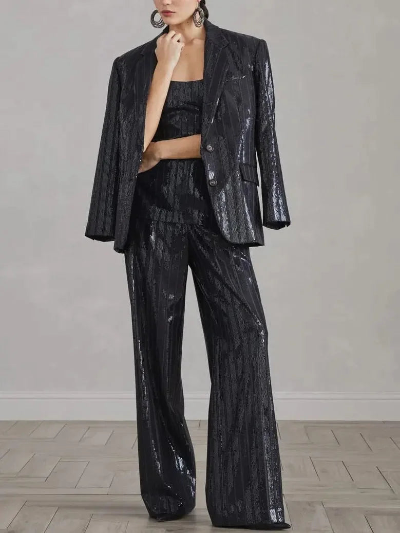 Sequin-Striped High-Waist Wide-Leg Pants - Jeans & Pants