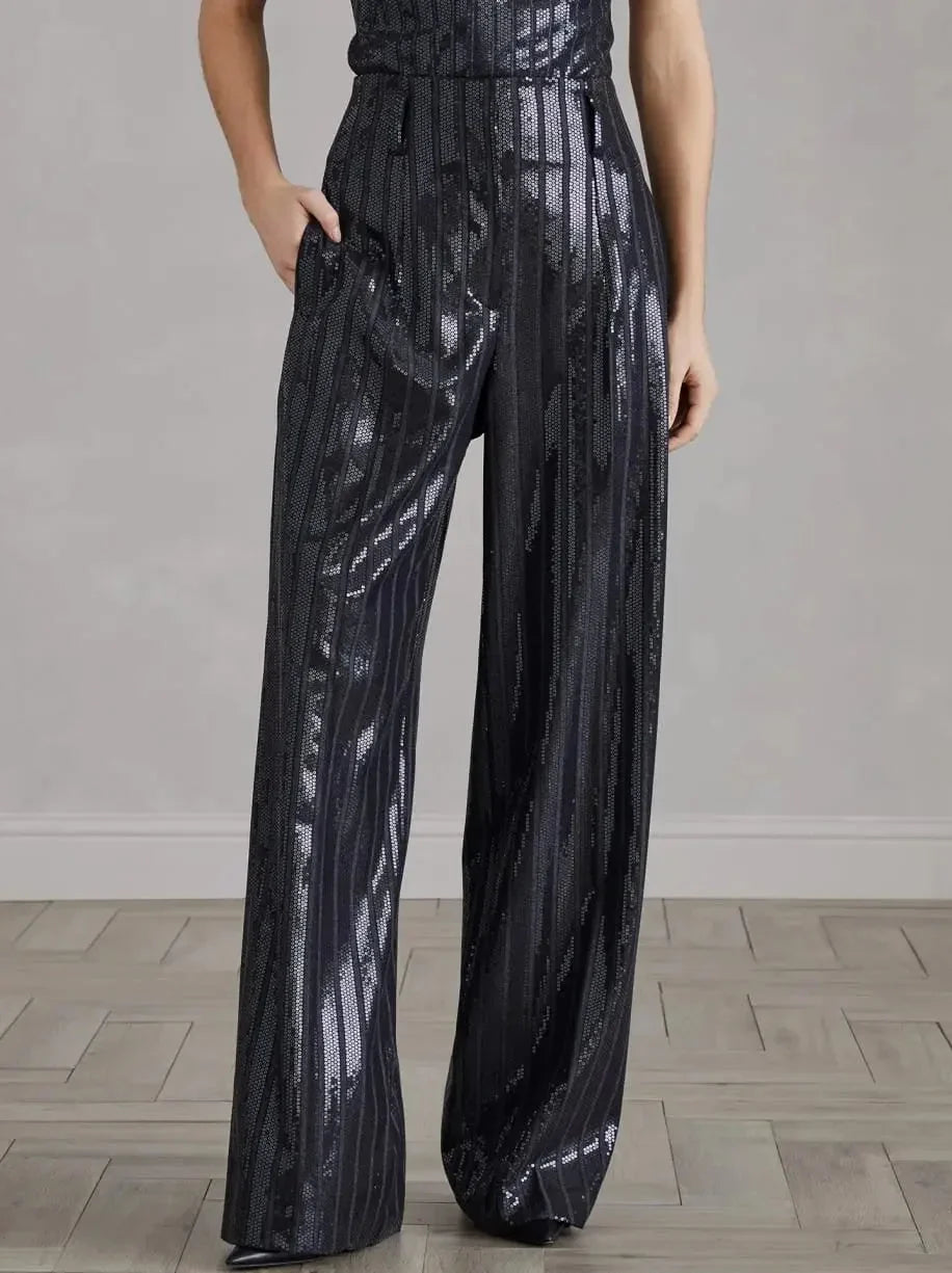 Sequin-Striped High-Waist Wide-Leg Pants - Jeans & Pants