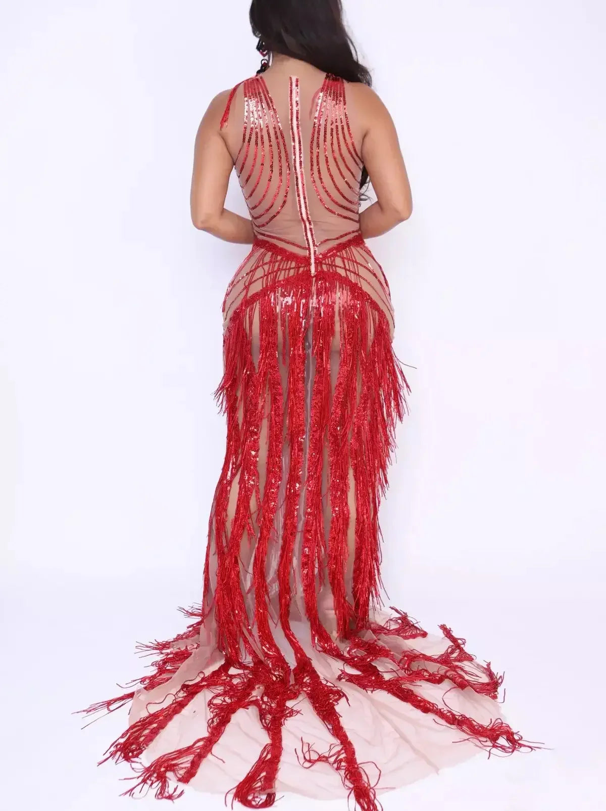 Sequin Tassel and Mesh Panel Halter Gown in Red - Dresses