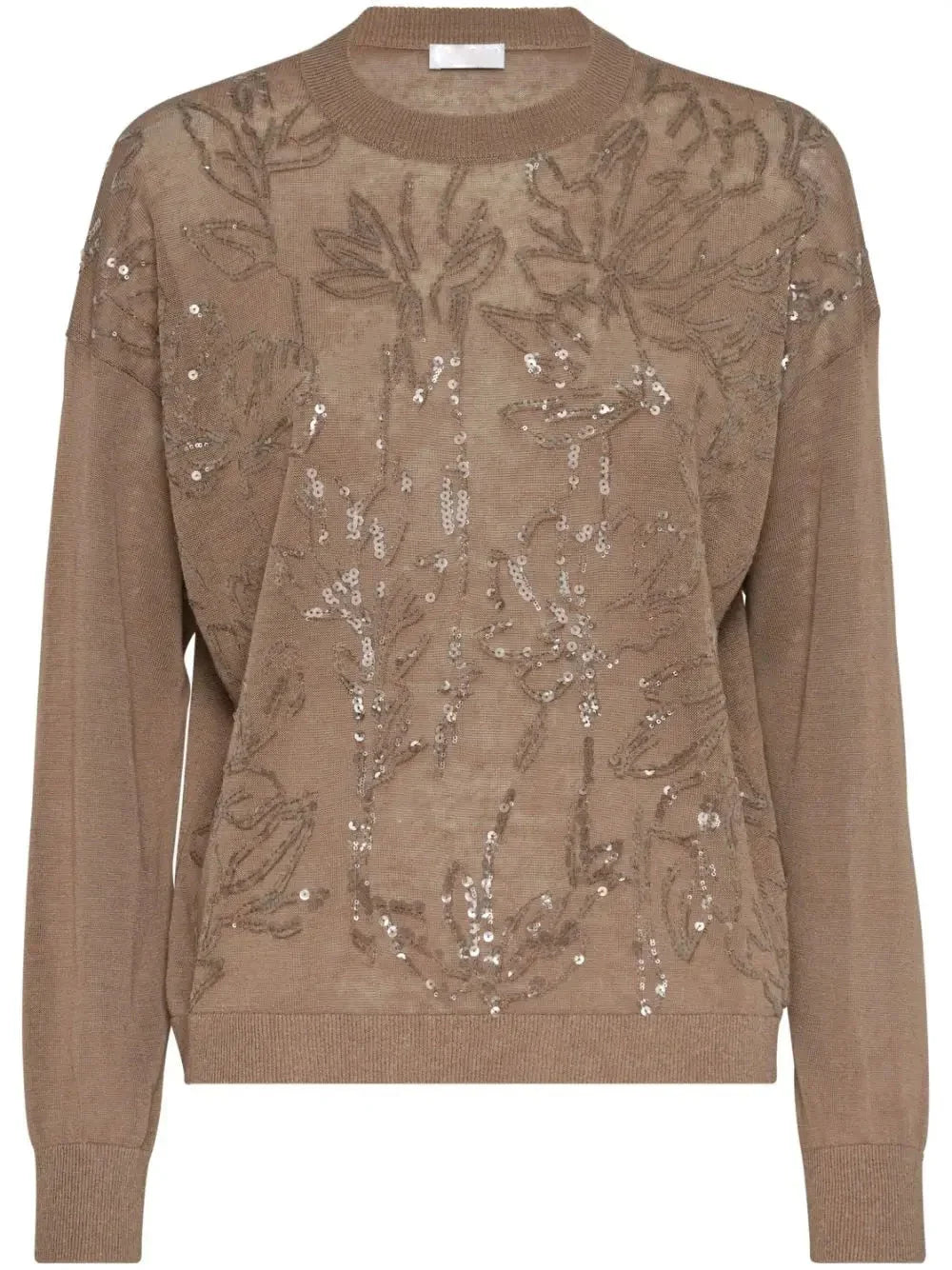 Sequined Wool Cashmere and Silk Sweater in Beige - Sweaters & Knitwear