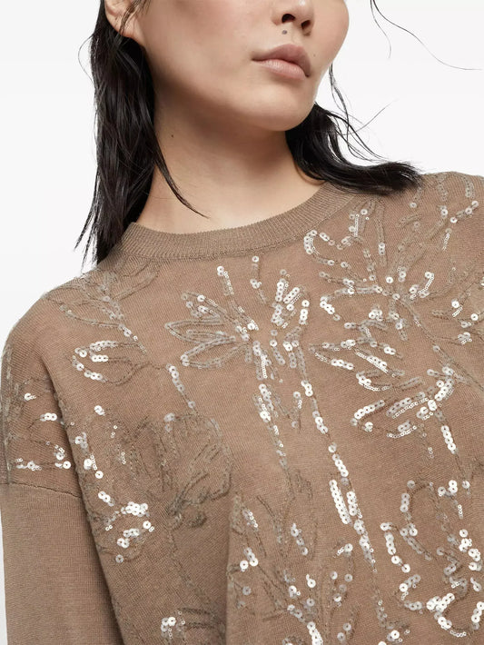 Sequined Wool Cashmere and Silk Sweater in Beige - Sweaters & Knitwear