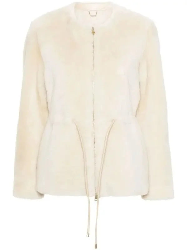 Shearling and Leather Down Jacket with Drawstring Waist - Jackets