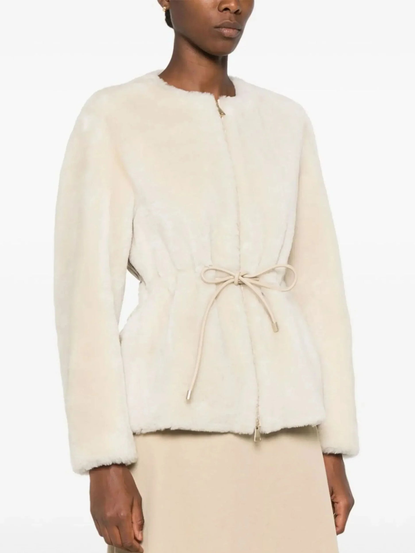 Shearling and Leather Down Jacket with Drawstring Waist - Jackets
