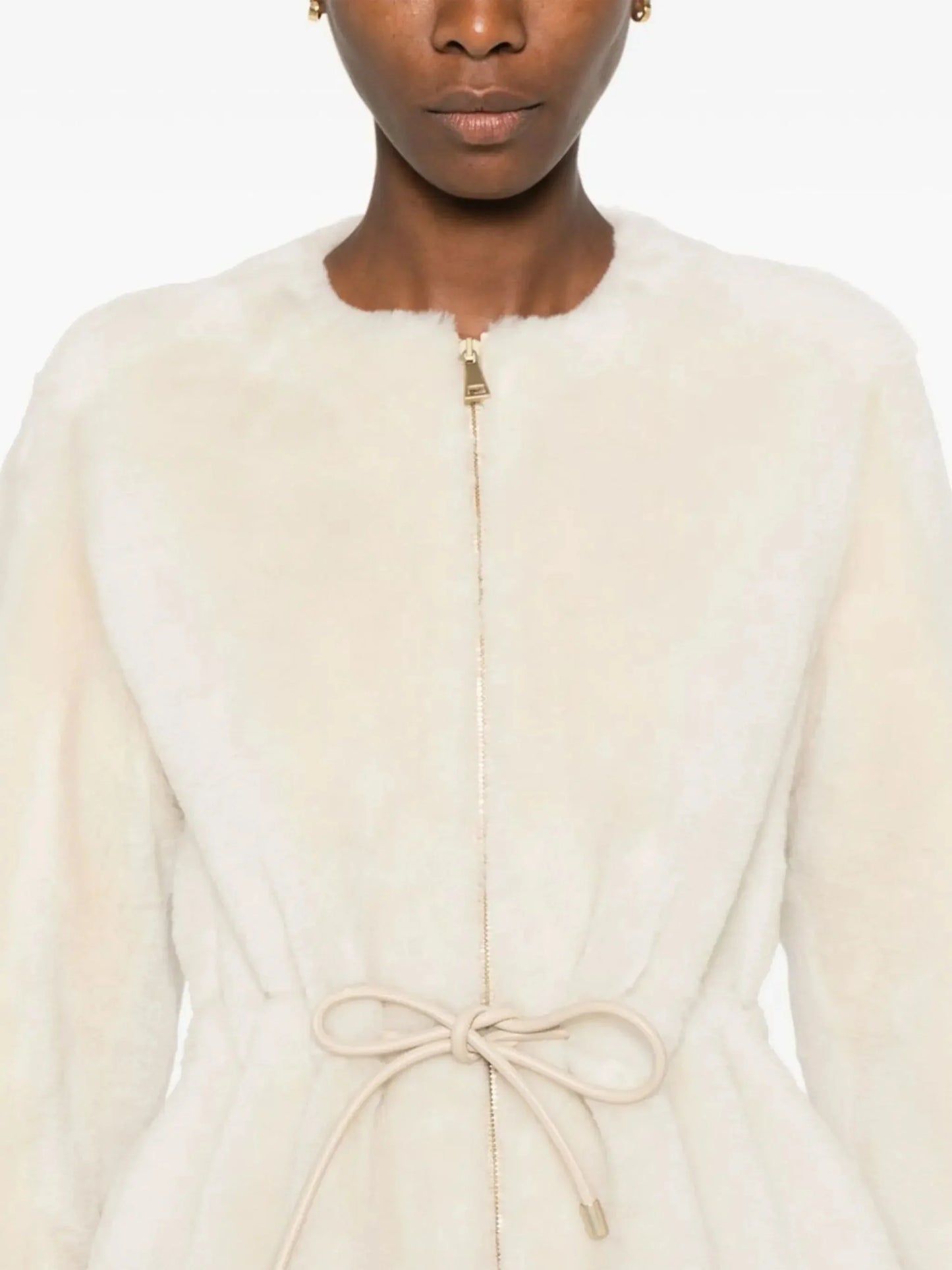Shearling and Leather Down Jacket with Drawstring Waist - Jackets