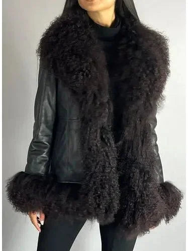 Shearling-Fringed Leather Jacket Black - Jackets