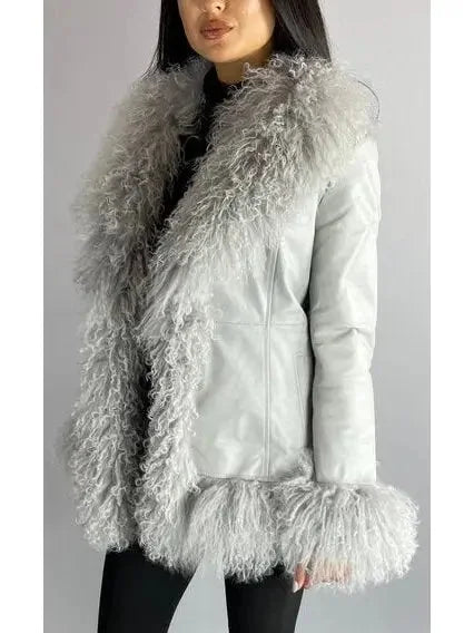 Shearling-Fringed Leather Jacket Gray - Jackets