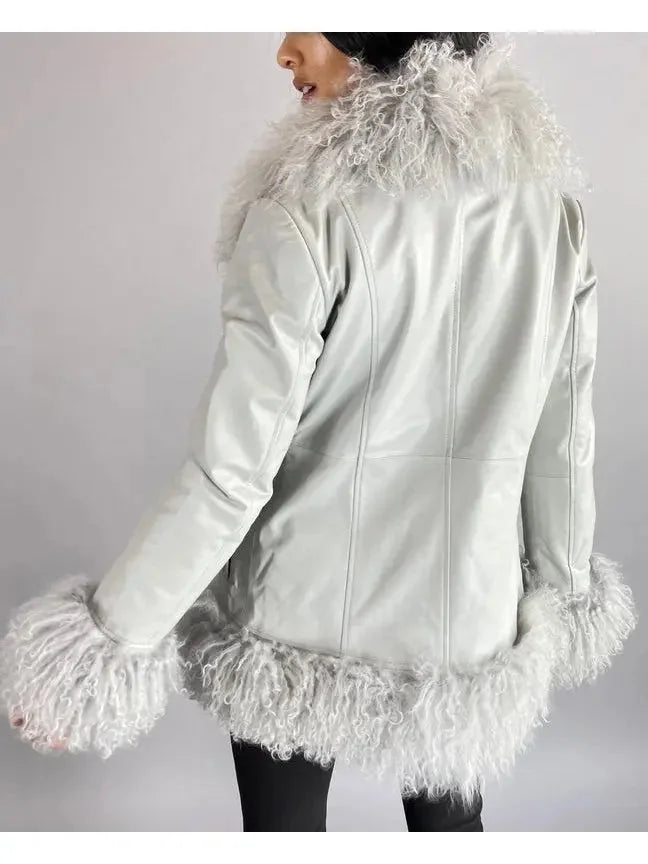 Shearling-Fringed Leather Jacket Gray - Jackets